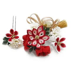 髪飾り 成人式 つまみ細工 赤 振袖 袴 花 2点セット 白 ゴールド 房付き 下がり ちりめん ヘアアクセ かんざし 七五三 浴衣 パ No.9-4805