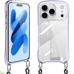 iPhone 17 Pro 用 ケース クリア ショルダー いphone17 プロ スマホケース アイフォン17pro カバー 耐衝撃 肩掛け 首掛け 可愛い かわいい 韓国 透明 TPU メッキ加工 TPUバンパー 長さ調整可能 取り外し可能(ライ