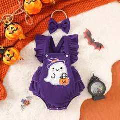 ハロウィン ベビー ロンパース ノースリーブ リボン シュシュ 女の子 ハロウィーン衣装 2色 ハロウィン コスプレ 衣装 お化け柄 幽霊 ドクロ 子供 仮装 0-2歳 8FDE772