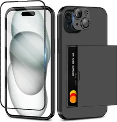スマホケース iPhone 15用 ケース アイフォン15用 ケース カード収納 背面 9H強化ガラスフィルム付き カメラレンズカバー保護付き アイフォン15用 ケース 米軍MIL規格 耐衝撃最強 落下防止 全面保護 指紋防止 滑り止め 擦