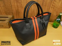 工房直売♪オレンジのレーシングストライプ本革ミニトートバッグです♪レザー黒ブラックSサイズ裏地アメ車レーシング/ライダース