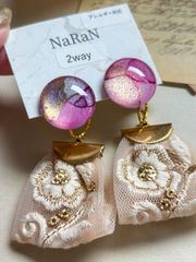 502≫アルコールインクアート【nara】2wayインド刺繍リボンタッセルピアス