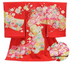 四季百花 熨斗 鈴 赤地 お宮参り 着物 女の子 初着 産着 のしめ 絹100% 友禅 フリーサイズ　25278