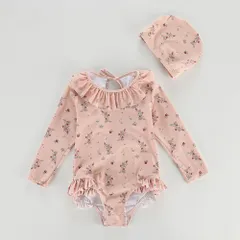 ☆ ピンク ☆ 110CM ☆ ベビー　キッズ水着 女の子 帽子付き 水着 女の子 帽子付き キッズ水着 みずぎ スイムウェア フリル キャップ付き キャット 帽子 スイムキャップ 柄 子供用 子ども用 女児 キッズ 女子 かわいい 可愛い
