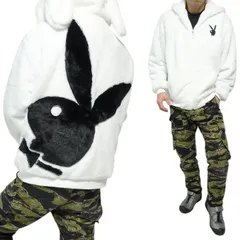 PLAYBOY/プレイボーイ フェイク/ファージャケット ジップ パーカー/耳付きフード 刺繍 メンズ オーバーサイズ ラビット/ウサギ 長袖 ホワイト サイズM-L