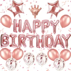 【★送料無料★】誕生日 飾り付け 女の子 バースデー バルーン30点風船 セット シンプル 飾り Happy Birthday 女の子王冠 紙吹雪風船 パーティー グッズ かざりつけ お祝いお誕生日 装飾 (ローズゴールド)