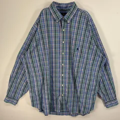 古着 ラルフローレン RALPH LAUREN 長袖シャツ ロゴ 刺繍 チェック柄 ナイロン素材 2XB  ブルー系 マルチカラー メンズ
