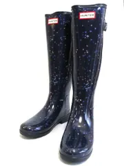 【221913】HUNTER ハンター  レインブーツ　スター柄　ロング丈　23..5ｃｍ相当  ・37 ダークブルー
