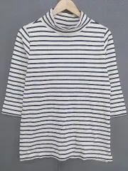 ◇ LANDS' END ランズエンド ハイネック ボーダー 長袖 Tシャツ カットソー サイズL アイボリー ブラック レディース  【1207060003791】