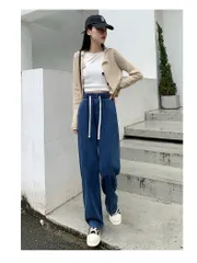 ＼2点購入で600円OFF／デニムパンツ レディース 薄手 ワイドパンツ ジーンズ ストレート ロング丈 無地 スリム ウエストゴム ハイウエスト 