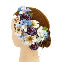 髪飾り 成人式 振袖 前撮り 袴 花 浴衣 夏祭り 花火大会 3点セット 紫 白 水色 パール チェーン 豪華 ヘアアクセ かんざし 新 No.9-3289