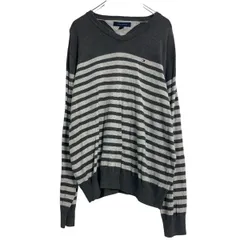 TOMMY HILFIGER コットン ニット セーター L グレー ライトグレー トミーヒルフィガー ボーダー Vネック 古着卸 アメリカ仕入 a610-6251