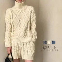 セットアップレディース春ハーフパンツハイネックニット春ケーブル編みニット2点セットトップス長袖セーター秋秋ゆったり