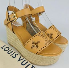 極美品★LOUIS VUITTON・ルイヴィトン スターボードライン レディース レザー パンチングモノグラムLV ジュートコンビ ウェッジソール サンダル 厚底 2021SS（36 1/2）