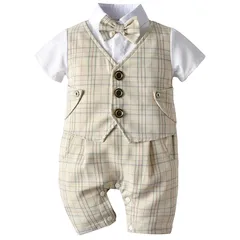 【新品】 [SLINX] 男の子 ベビー フォーマルスーツ ロンパース チエック柄 イギリス風 重ね風 仮ベスト 半袖 ズボン 蝶ネクタイ 入園式 入学式 フォーマル 百日祝い 出産祝い お祝いギフト お誕生日 夏 B2259 (カーキ, 90) 1