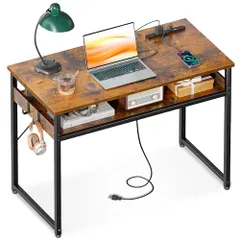 収納付き コンセント付き 勉強机 ゲーミングデスク computer desk 幅80cm 子 ワークデスク パソコンデスク  フック2個付き pcデスク コンパクト テレワーク用 机 省スペース 組立簡単 ODK ビンテージ