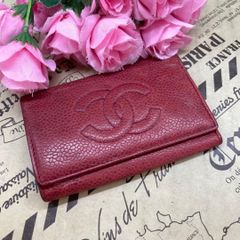 T】CHANEL ココマーク キャビアスキン レザー レッド 二つ折り財布