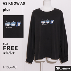 ★美品★ AS KNOW AS plus アズノゥアズプラス トップス　カットソー　長袖　刺繍　アニマル　カジュアル　綿混 　ブラック　 【H1086-00】 送料無料　古着　レディース