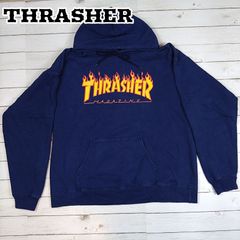 THRASHER/スラッシャー ファイヤーパターンロゴ フーディ スウェットパーカ ネイビー濃紺 Mサイズ