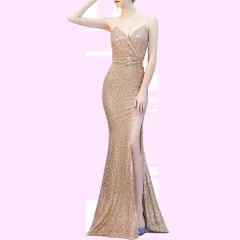 Size:M_Color:ゴールド [polar lander] ロング ドレス パーティードレス タイト セクシー オフショルダー スパンコールバックフリル エレガント スリットドレス パッド付き 同窓会 演奏会 忘年会 司会者
