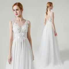 新しい未使用  ウェディングドレス ウエディングドレス 結婚式 前撮り ホワイト 大きいサイズあり 小花と刺繍 Vネック
