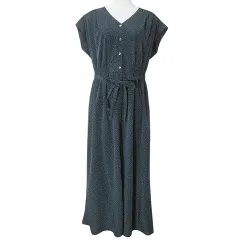 グリーンレーベルリラクシング ユナイテッドアローズ green label relaxing 美品 ランダム ドット Vネック ショートスリーブ ワンピース ロング 半袖 水玉 ウエストシャーリング リボン 紺 緑 ■GY14 X
