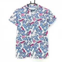 【超美品】ジャックバニー 半袖ハイネックシャツ 白×スモーキーブルー×ピンク スケボー総柄 レディース 2(L) ゴルフウェア Jack Bunny