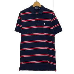 90'sPolo by Ralph Lauren/90年代 ポロバイラルフローレン ボーダー ポニー刺繡 半袖 ポロシャツ ワンポイント刺繡 オーバーサイズ ビッグシルエット CHINA製 メンズ M ネイビー/レッド