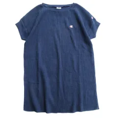 美品 CHAMPION チャンピオン サーマル カットソー チュニック ワンピース 半袖 ロゴ ワンポイント ワッフル ロング丈 M ネイビー レディース 古着 中古 USED