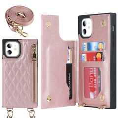 【在庫処分】首掛け 斜め掛け 肩がけ iphoneケース11 収納 刺繍 ストラップ付き ジッパー式 ファスナー型 スマホケースiphone11 グリッドパターン 耐衝撃 クロスボディ 手帳型 ケース レザー アイフォン11 ショルダー カバー-ローズゴールド