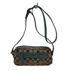 コーチ（COACH）6073　シグネチャーキャンバスミニショルダーバッグ　ポシェット　ミニ斜め掛けショルダー　ライトブルー×ブラウン【中古】KB-9180