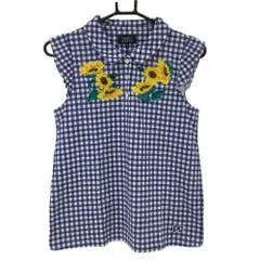 ★特価★【美品】パーリーゲイツ ノースリーブポロシャツ ネイビー×白 チェック 一部ひまわり柄 レディース 0(S) ゴルフウェア PEARLY GATES