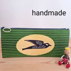 【1点限り】ファスナー　ポーチ　(内側ビニール素材)　つばめ　抹茶　ハンドメイド　アフリカンプリント