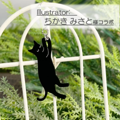 ぶらさがる黒猫さん【ピアス／イヤリング】デザイナーコラボ ねこ ネコ CAT ブラックアクリル　ちかきみさと