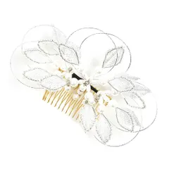 髪飾り コーム型 水引 ラインストーン パール シルバー 白 キラキラ ラメ 下がり ゆらゆら リーフ 葉 小さい かんざし かわい No.9-3427