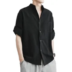 2023年最新】綿 麻 リネン シャツ メンズ 半袖 オープンカラーシャツ