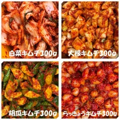 キムチ４点　白菜キムチ（カット）300ｇ（辛口白菜に変更可能）　大根キムチ300ｇ　胡瓜キムチ300ｇ（変更可能）　らっきょうキムチ300ｇ（変更可能）のサムネイル