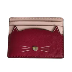 新品同様 kate spade new york ケイトスペードニューヨーク レザー 猫 スタンピングロゴ カードケース ボルドー×ピンク レディース 古着 中古 USED