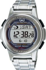 Citizen Q&Q MHS5-200 Men's Silver Digital Watch with Radio-Controlled Solar Power, Water Resistant, Date Display, Metal Band
