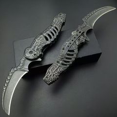 アウトドア折りたたみナイフ スカルステンレス柄 全長 21.5cm 石洗処理 マットブラック 軽量 180g 日常・アウトドア用