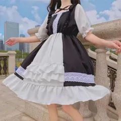 Mサイズ ゴスロリ ワンピース ロリータ ドレス ブラック 黒 白 半袖 地雷系 量産型 フリル レース 膝丈 フリーサイズ