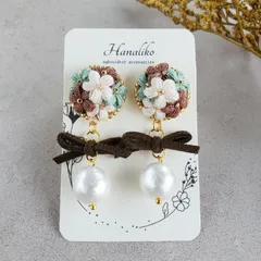 【No.RF03】刺繍イヤリング／ピアス｜ミントグリーンの小花とコットンパール｜春のやさしさを耳元に