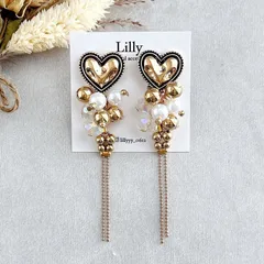 #918 大ぶり/ハート/パール/揺れる/チェーン/ゴールド/ハンドメイドピアス