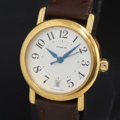COACHコーチ腕時計レディース稼働品スイス製青針ブラックレザー白文字 