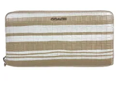 コーチ　COACH　長財布　レザー　型押し　小銭入れ付　ラウンドファスナー　ベージュ×ホワイト系　送料無料
