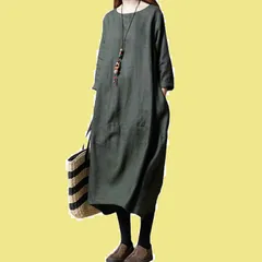 【特価商品】[JINJUDUO] ロングワンピース レディース 夏 長袖 薄い ワンピース 着痩せ チュニック マキシ丈 トップス ゆったり 無地 秋 綿 体型カバー 大きいサイズ レディース服