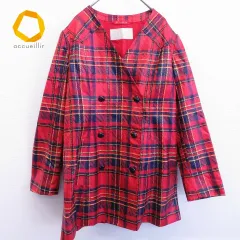 GOBANKAN ヴィンテージ タータンチェック ノーカラー ジャケット コート レッド系 842659k
