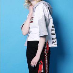 韓国ストリートファッションフード付き半袖Tシャツ