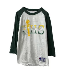 Champion 七分袖 プリントTシャツ S ダークグリーン ホワイト ラグラン チャンピオン ロンT ロングTシャツ 古着卸 アメリカ仕入 a706-5707