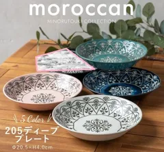 モロッカン柄　カレー パスタ皿　20.5㎝　4枚（青・緑・桃・白色各１枚）セット 新品